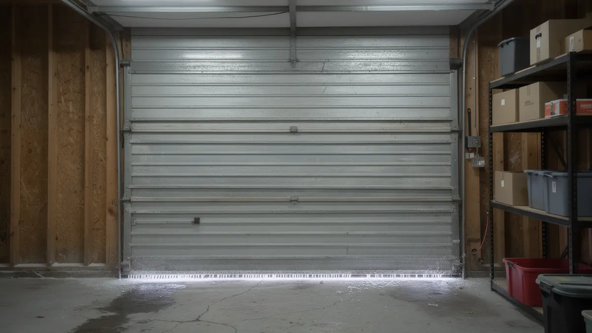 A closed gray garage door has light shining under it onto a concrete floor.