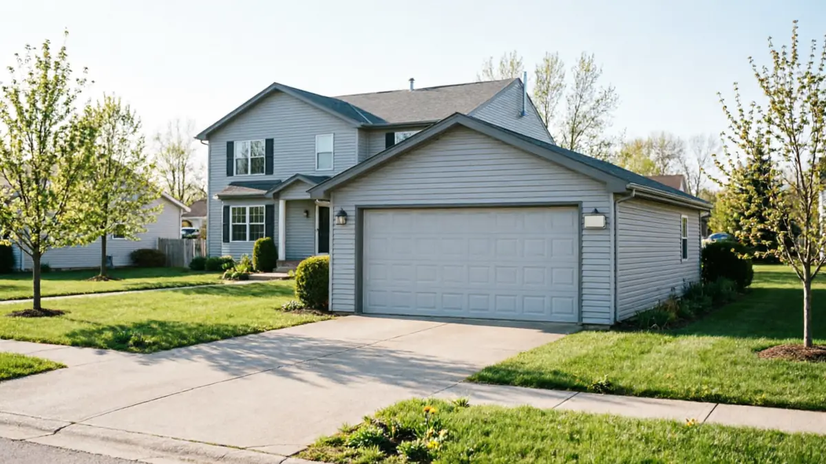A light gray house with a two-car garage and a green lawn.