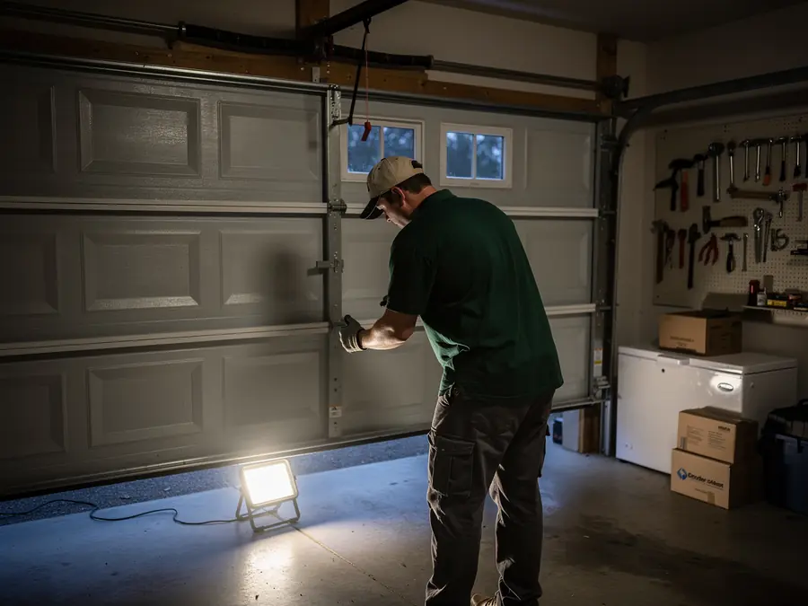 A technician in a green shirt and cap works on a gray garage door.