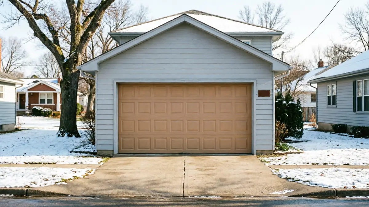 Technician kneeling to adjust the bottom of the track on a dark gray garage door
