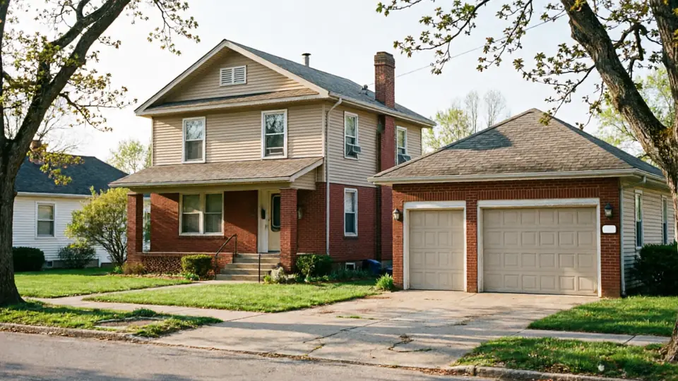 A two-story house with a detached two-car garage.