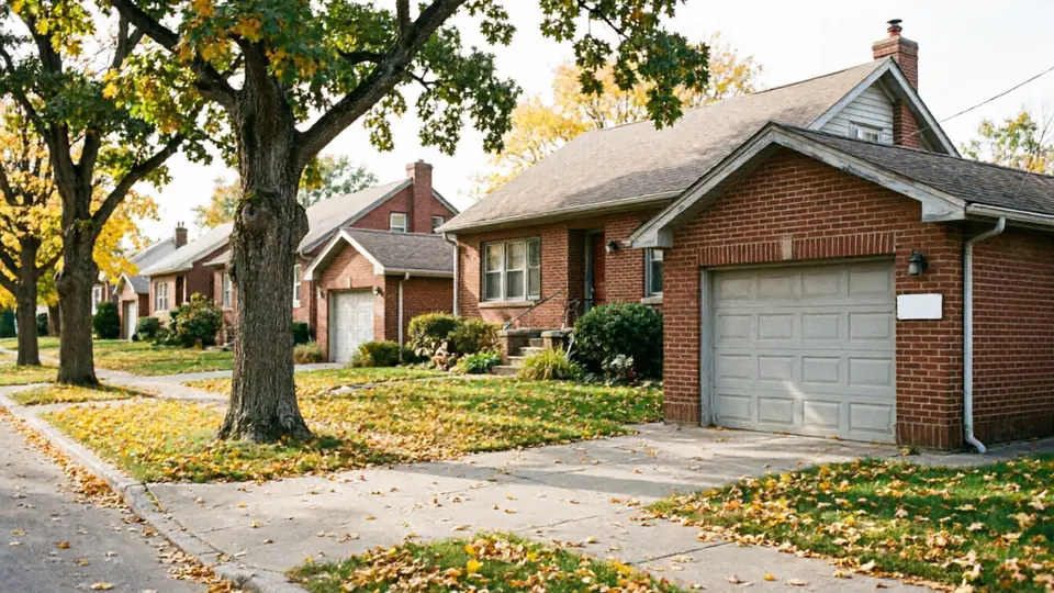 A row of brick houses with garages and autumn leaves on the ground.