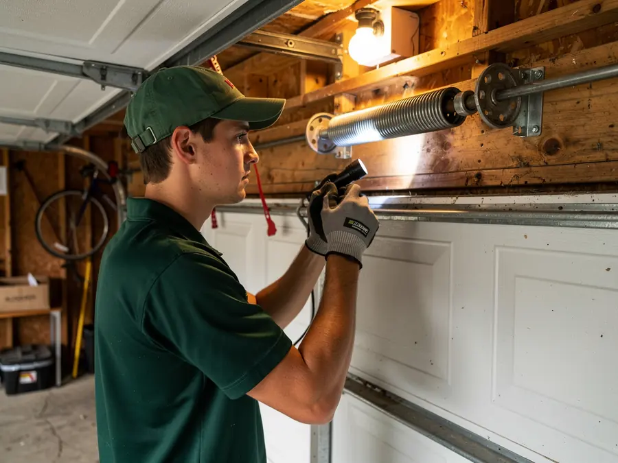 A technician shines a flashlight on a garage door torsion spring.