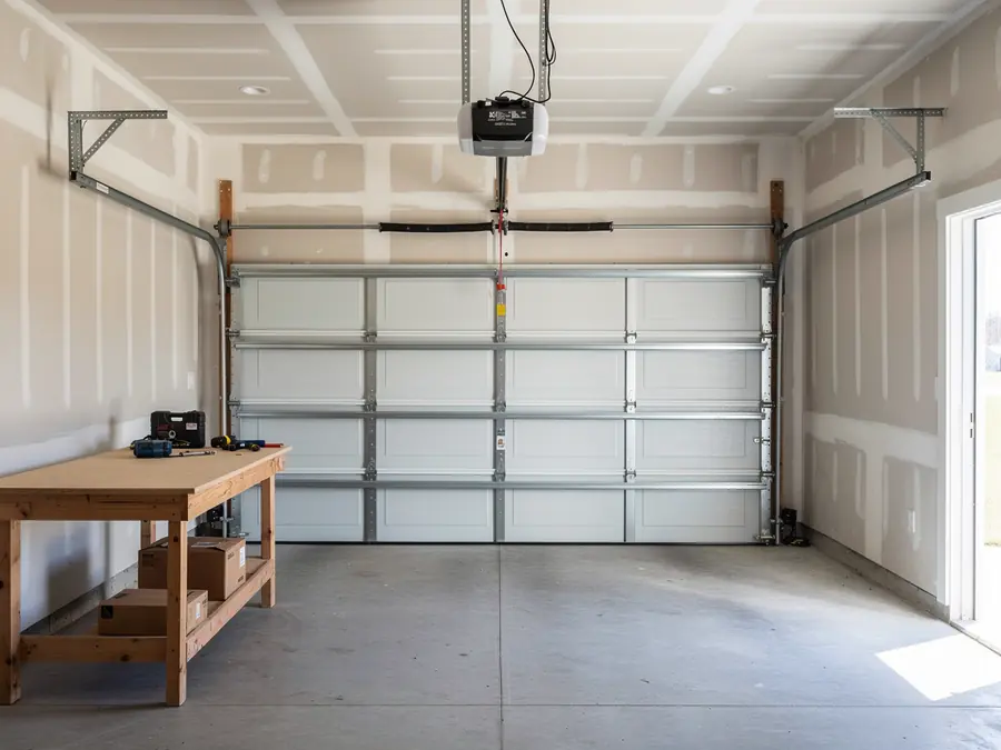 A white garage door is closed in a garage with a workbench.