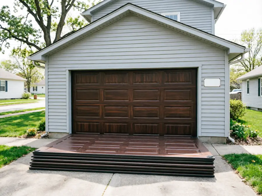 A brown garage door is installed with new panels stacked on the driveway.