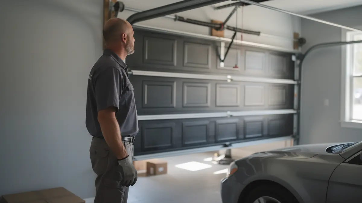 A technician stands in a garage with a dark gray garage door and a car.