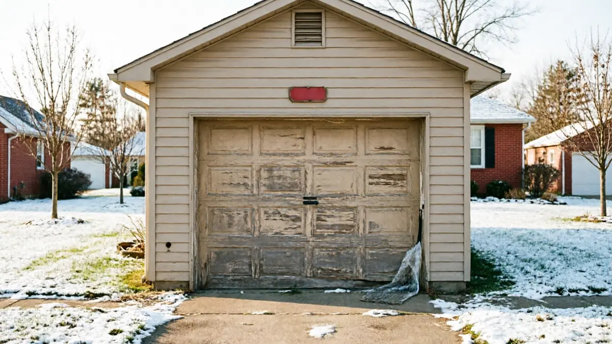 A detached garage with peeling paint on the garage door and siding.