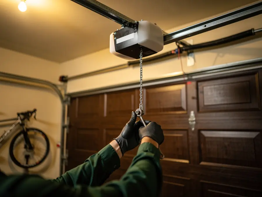 A technician in black gloves holds a wrench on a garage door opener chain.