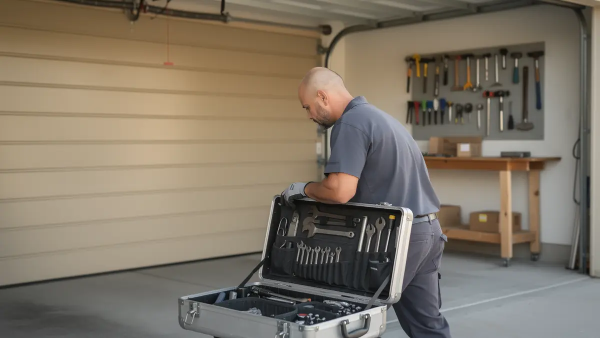A technician leans on an open toolbox in front of a garage door.