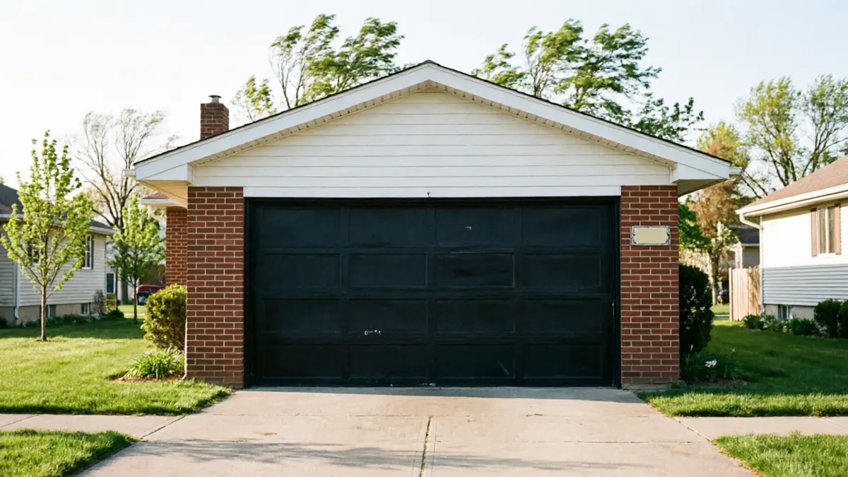 A black garage door on a brick house with a white gable and green lawn.